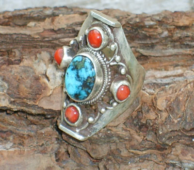 Tibetan Ring Turquoise and Red Coral - sz 6 3/4